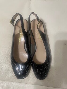 Salvatore Ferragamo Black Patent Peep-Toe Slingback Flats with Gold Buckles